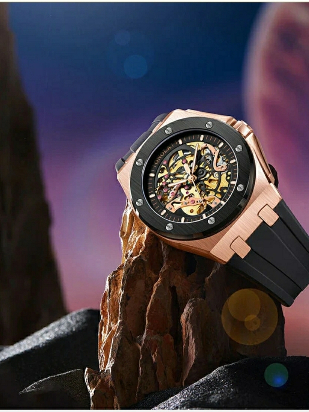 Onola Rose Gold Skeleton Mechanical Watch with Black Strap D'LUX - MAJESTY